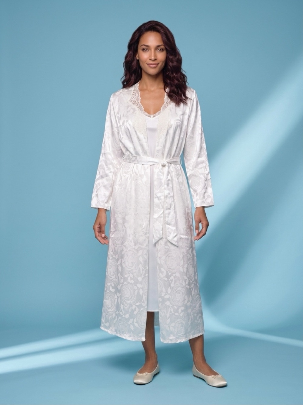 Vintage Linda Bis Ivory Floral Jacquard Satin Robe Petite Small Lace Trim Belted